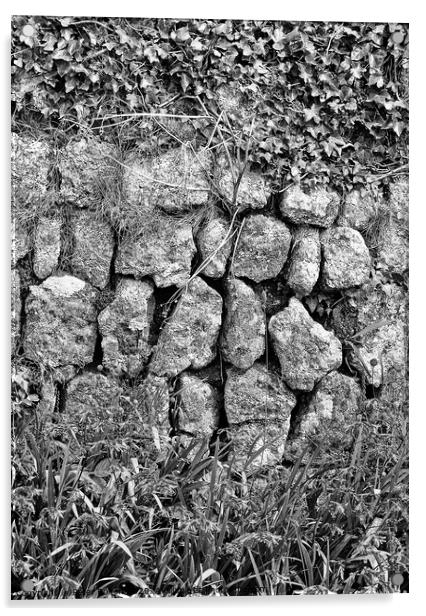Black and white photo art of a section of a dry stone wall at Lands End, Cornwall. Acrylic by Peter Bolton