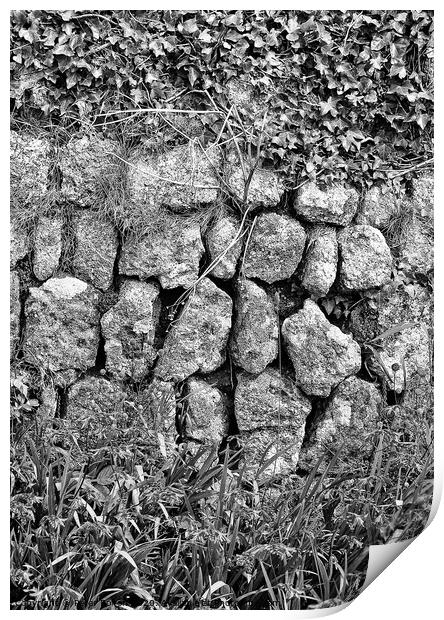 Black and white photo art of a section of a dry stone wall at Lands End, Cornwall. Print by Peter Bolton