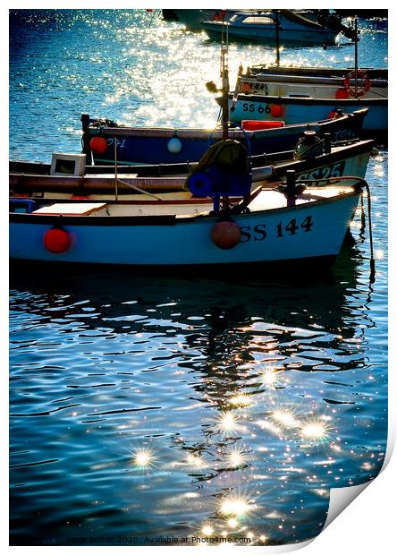 Small boats at anchor in St. Ives harbour with sun light and shadows. Cornwall. Print by Peter Bolton