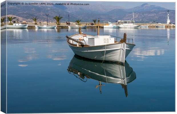 Reflections of Greek Boat, Nafplio Canvas Print by Jo Sowden