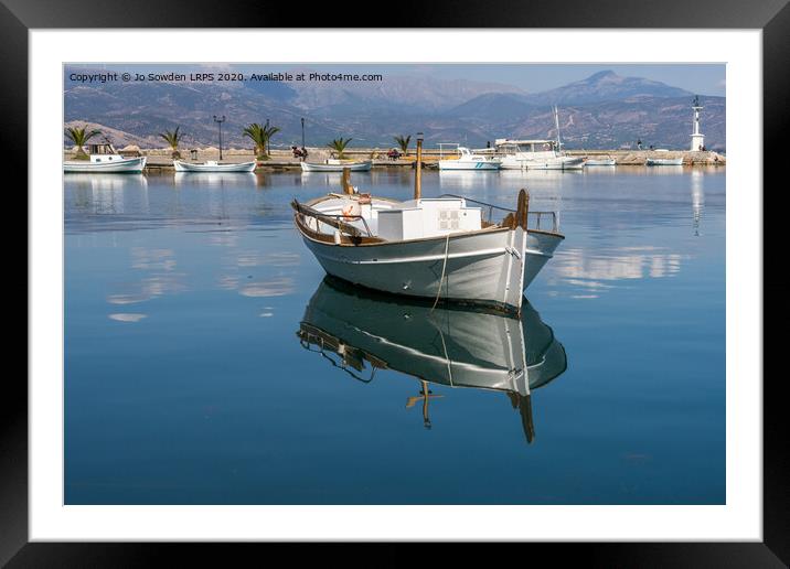 Reflections of Greek Boat, Nafplio Framed Mounted Print by Jo Sowden