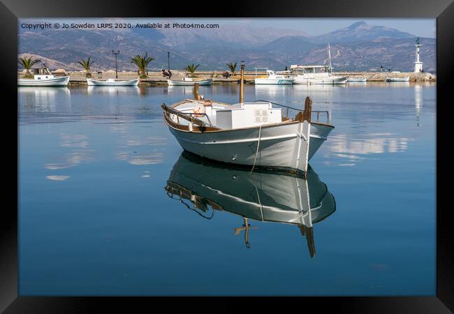 Reflections of Greek Boat, Nafplio Framed Print by Jo Sowden
