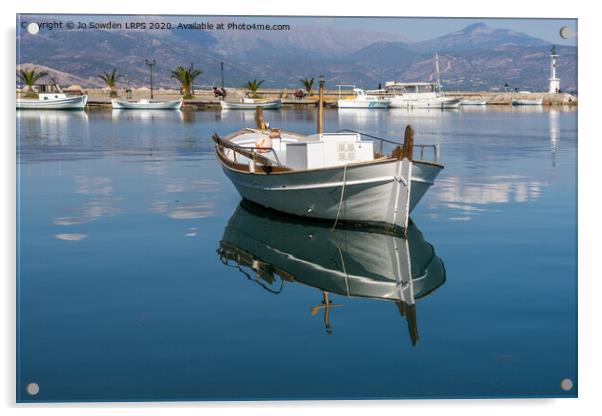 Reflections of Greek Boat, Nafplio Acrylic by Jo Sowden