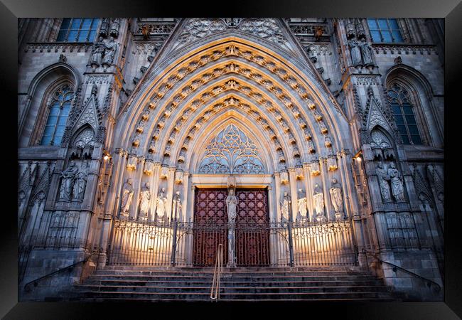 Entrance to Barcelona Cathedral at Night Framed Print by Artur Bogacki