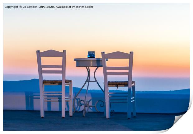 Table for two with a view, Santorini, Greece Print by Jo Sowden