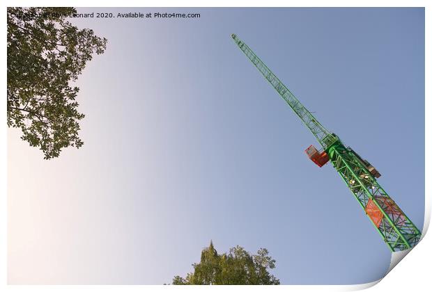 Abstract looking up at the underside of a huge tower crane and trees Print by Rhys Leonard