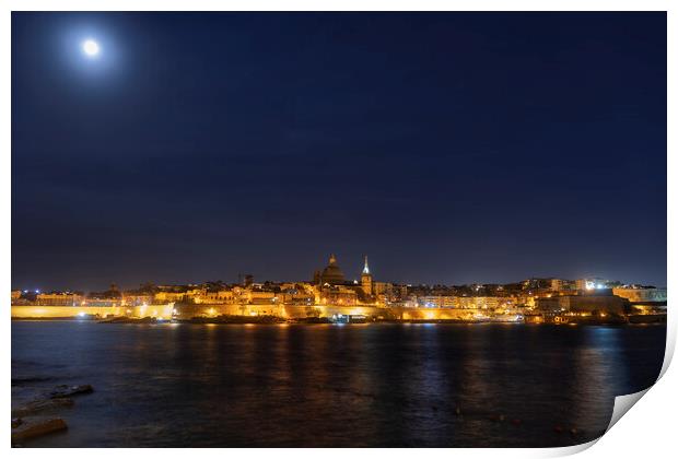 Valletta Skyline At Night Print by Artur Bogacki