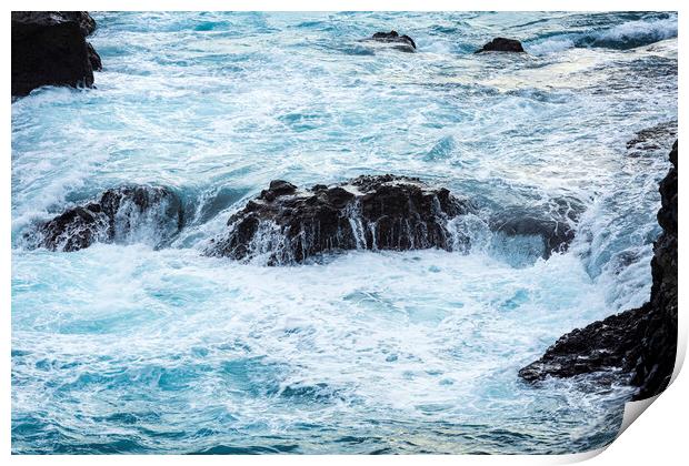 Wild seas rushing over rocks, Tenerife Print by Phil Crean