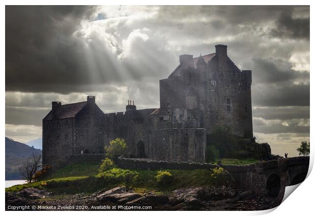Eilean Donan castle in a burst of sun Print by Marketa Zvelebil