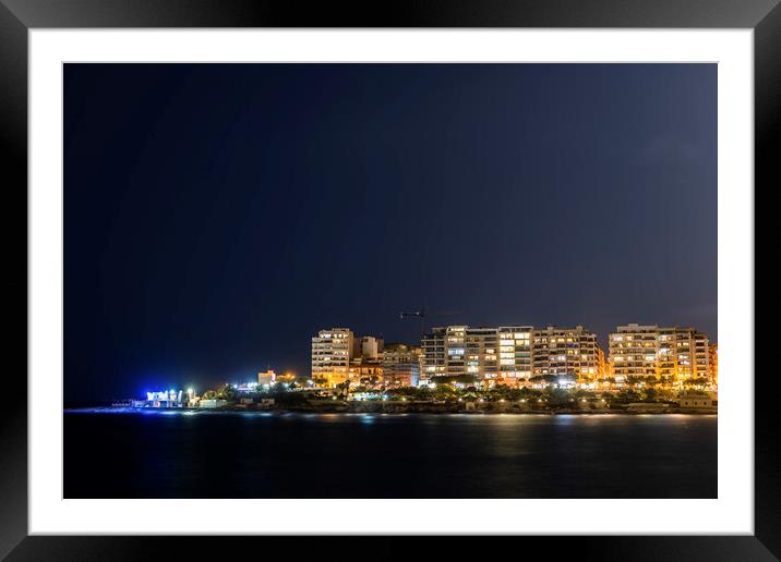 Sliema Town Skyline At Night In Malta Framed Mounted Print by Artur Bogacki