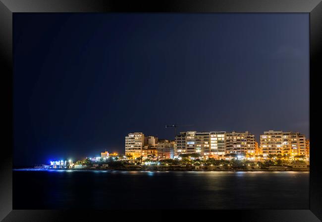 Sliema Town Skyline At Night In Malta Framed Print by Artur Bogacki