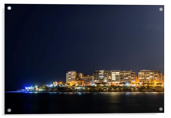 Sliema Town Skyline At Night In Malta Acrylic by Artur Bogacki