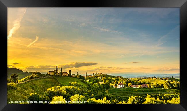 Autumn Landscape panorama of vineyard on an Austrian countryside during sunset in Kitzeck im Sausal Framed Print by Przemek Iciak