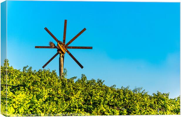 Wiew at wind mill on vineyard of south styrian wine route in Austria in sunset. Glanz an der Weinstrasse. Canvas Print by Przemek Iciak