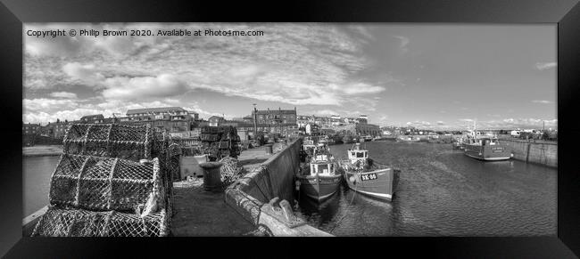 Fishing Boats at Seahouses Harbour - B&W Panorama Framed Print by Philip Brown