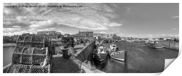 Fishing Boats at Seahouses Harbour - B&W Panorama Print by Philip Brown