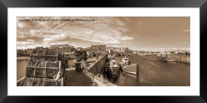 Fishing Boats at Seahouses Harbour - B&W Panorama Framed Mounted Print by Philip Brown