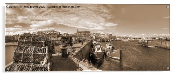 Fishing Boats at Seahouses Harbour - B&W Panorama Acrylic by Philip Brown