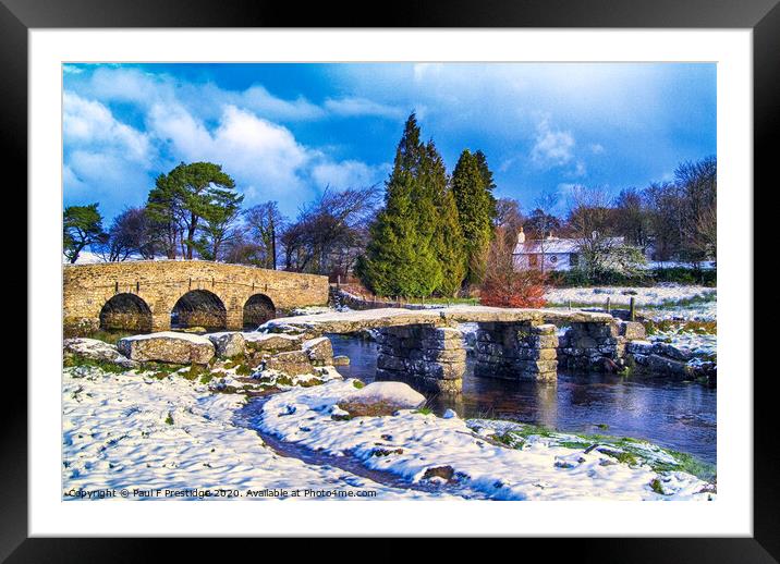 Snowy Medieval Clapper Bridge Framed Mounted Print by Paul F Prestidge