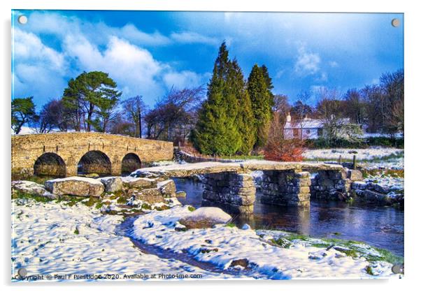 Snowy Medieval Clapper Bridge Acrylic by Paul F Prestidge