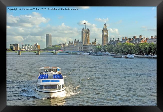 Boat and Houses of Parliament Framed Print by Laurence Tobin
