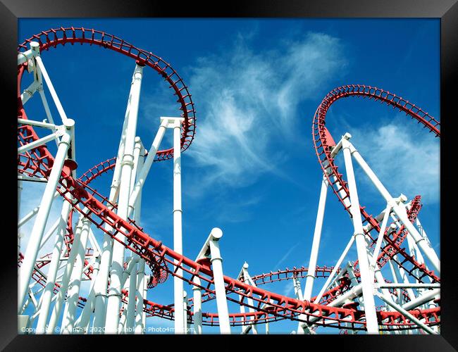 Roller coaster loops against a blue sky at Ingoldmells in Skegness. Framed Print by john hill