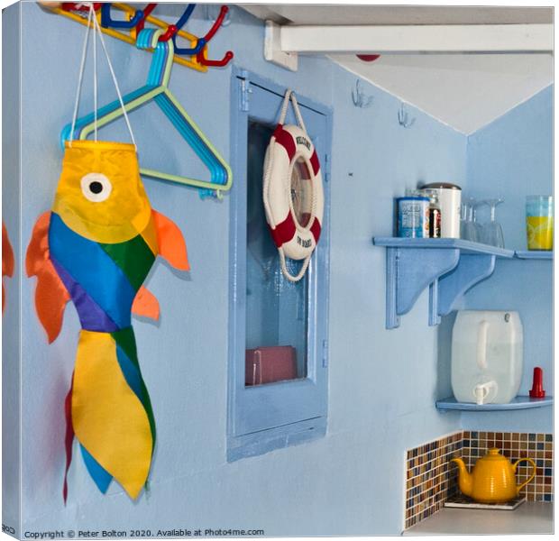 Inside corner of a beach hut. Colourful still life. Canvas Print by Peter Bolton