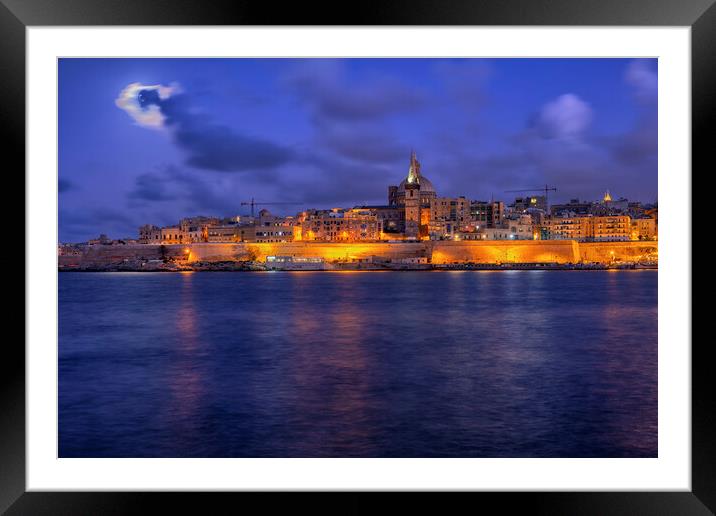 Valletta Night Skyline In Malta Framed Mounted Print by Artur Bogacki
