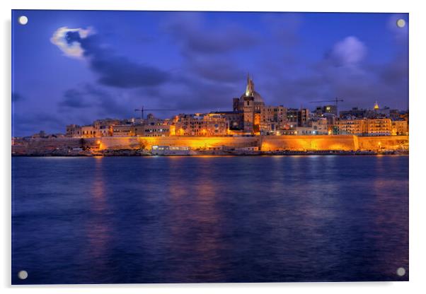 Valletta Night Skyline In Malta Acrylic by Artur Bogacki