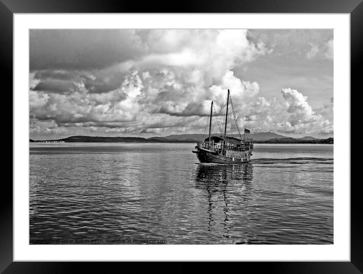 Black and white image of Burmese Junk at Chalong Bay, Thailand. Framed Mounted Print by Peter Bolton