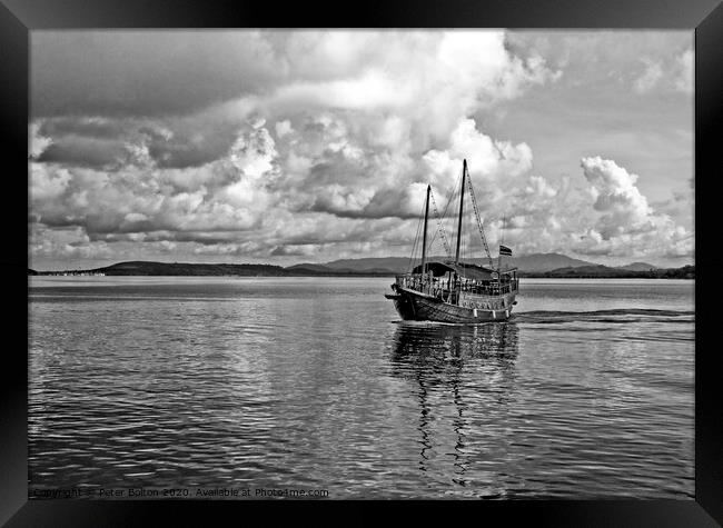 Black and white image of Burmese Junk at Chalong Bay, Thailand. Framed Print by Peter Bolton
