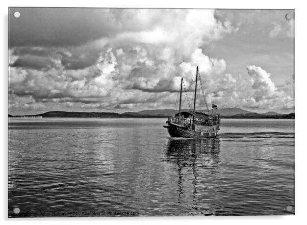 Black and white image of Burmese Junk at Chalong Bay, Thailand. Acrylic by Peter Bolton