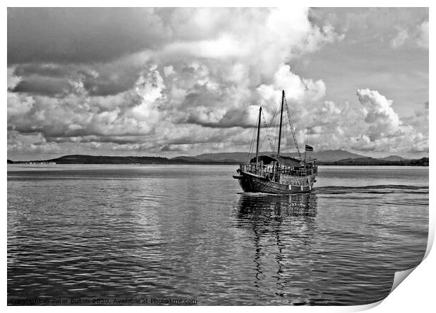 Black and white image of Burmese Junk at Chalong Bay, Thailand. Print by Peter Bolton