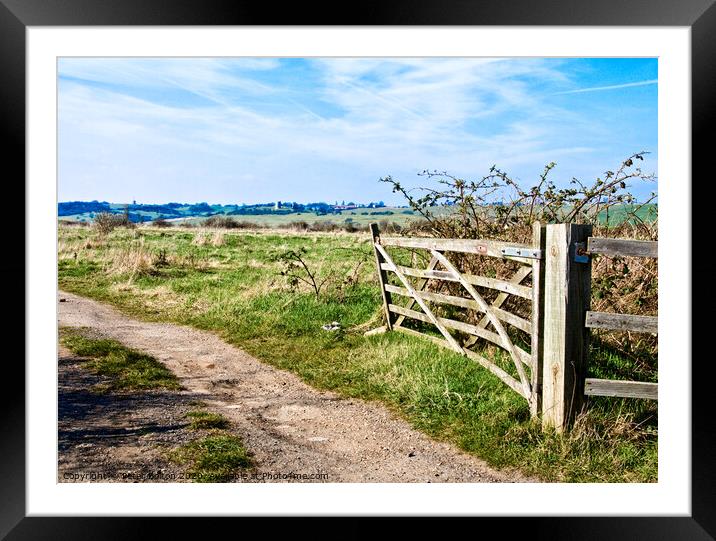 A view through a farm gate at Two Tree Island, with Hadleigh Castle on the horizon. Essex, UK.  Framed Mounted Print by Peter Bolton