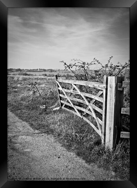 A view through a farm gate at Two Tree Island, with Hadleigh Castle on the horizon. Essex, UK.  Framed Print by Peter Bolton