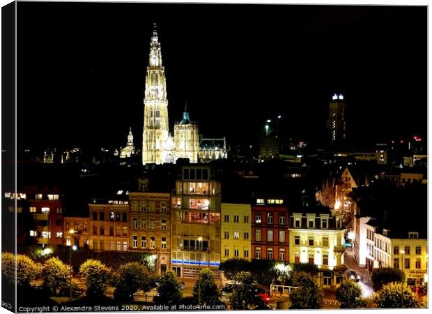 Antwerp and Cathedral of our Lady at night Canvas Print by Alexandra Stevens