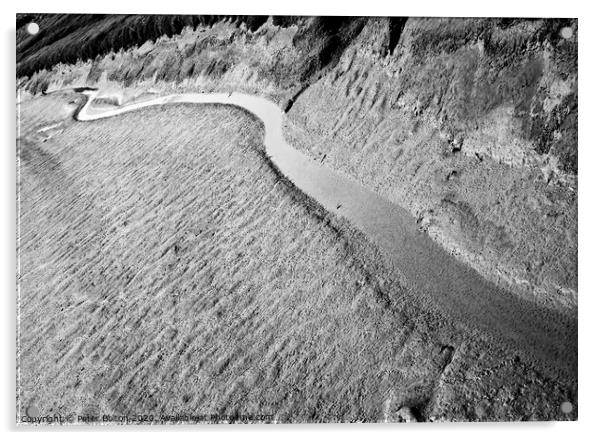 A black and white 'abstract in nature' of a natural tidal drainage channel through the dunes. Acrylic by Peter Bolton
