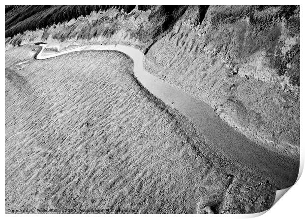 A black and white 'abstract in nature' of a natural tidal drainage channel through the dunes. Print by Peter Bolton