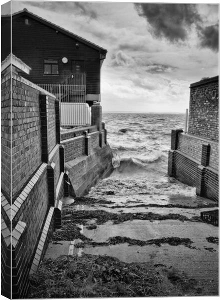 Boat slipway between buildings in Leigh on Sea, Essex, UK. Canvas Print by Peter Bolton