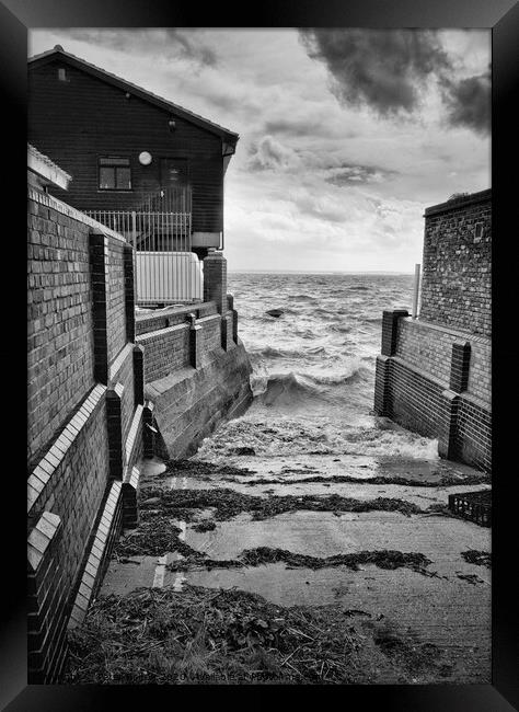 Boat slipway between buildings in Leigh on Sea, Essex, UK. Framed Print by Peter Bolton