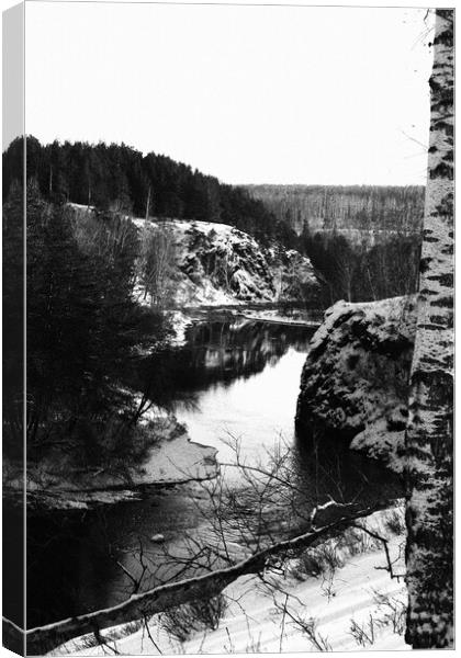 Nature of the southern Urals, Russia - forest, rocks and river in winter, winter landscape, black and white photo. Canvas Print by Karina Osipova
