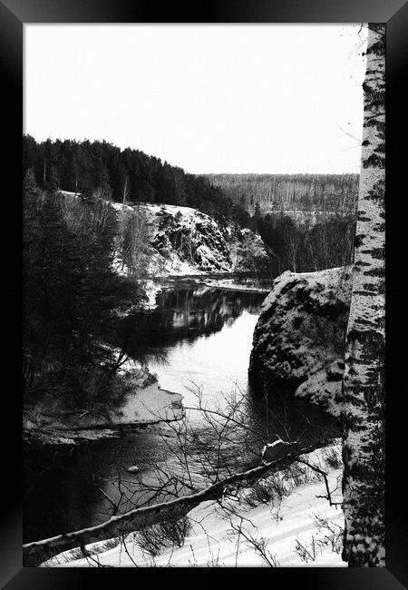 Nature of the southern Urals, Russia - forest, rocks and river in winter, winter landscape, black and white photo. Framed Print by Karina Osipova