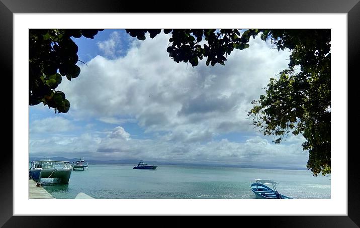 View of the ocean and boats from the trees, nature of the Dominican Republic Framed Mounted Print by Karina Osipova