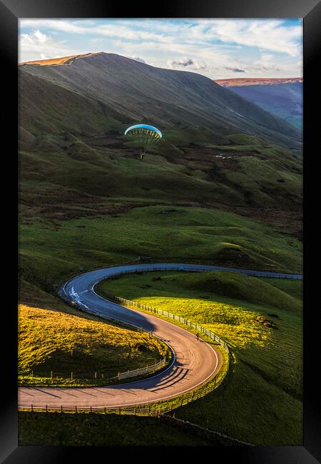 Paraglider over Edale Valley, Peak District Framed Print by John Finney