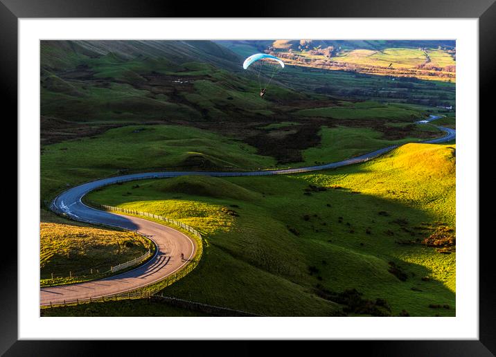 Paraglider over Edale Valley at sunset Framed Mounted Print by John Finney