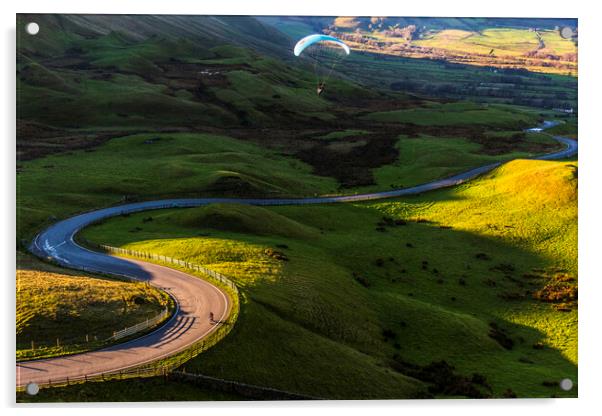 Paraglider over Edale Valley at sunset Acrylic by John Finney