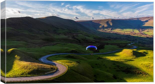 Paragliders floating down Edale Valley  Canvas Print by John Finney