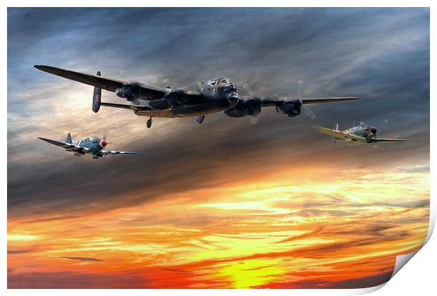 Lancaster and two spitfires at the End of the Day Print by David Stanforth
