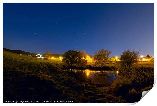 Small pond on hayesbank common, Malvern, at night Print by Rhys Leonard