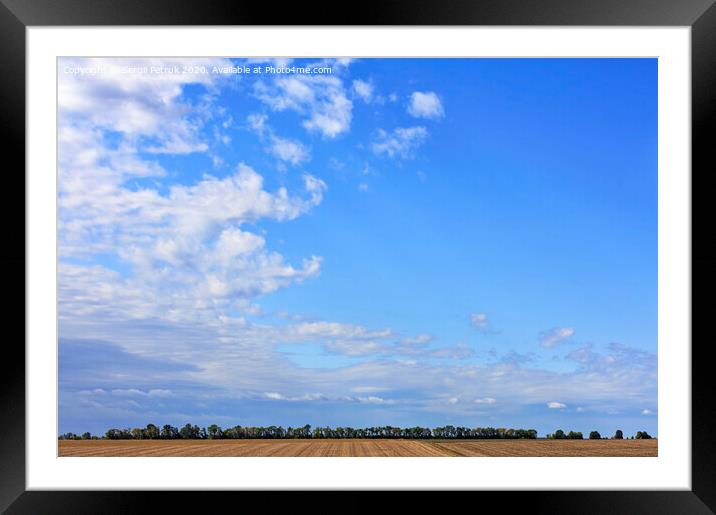 Large white clouds float in the blue sky above the horizon of the field and forest belt. Framed Mounted Print by Sergii Petruk